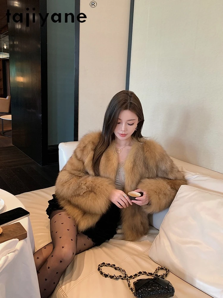 TAJIYANE Natural Fox Fur Jacket Women Winter V-Neck Short Fur Coats 55cm Stylish Gradient Real Fur Coat Woman Clothing 2026 шуба