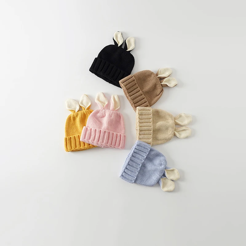 

Autumn Winter Lovely Rabbit Ear Baby Knitted Hats Solid Color Kids Girls Boys Beanies Caps Warm Sorft Casual Hats for Children