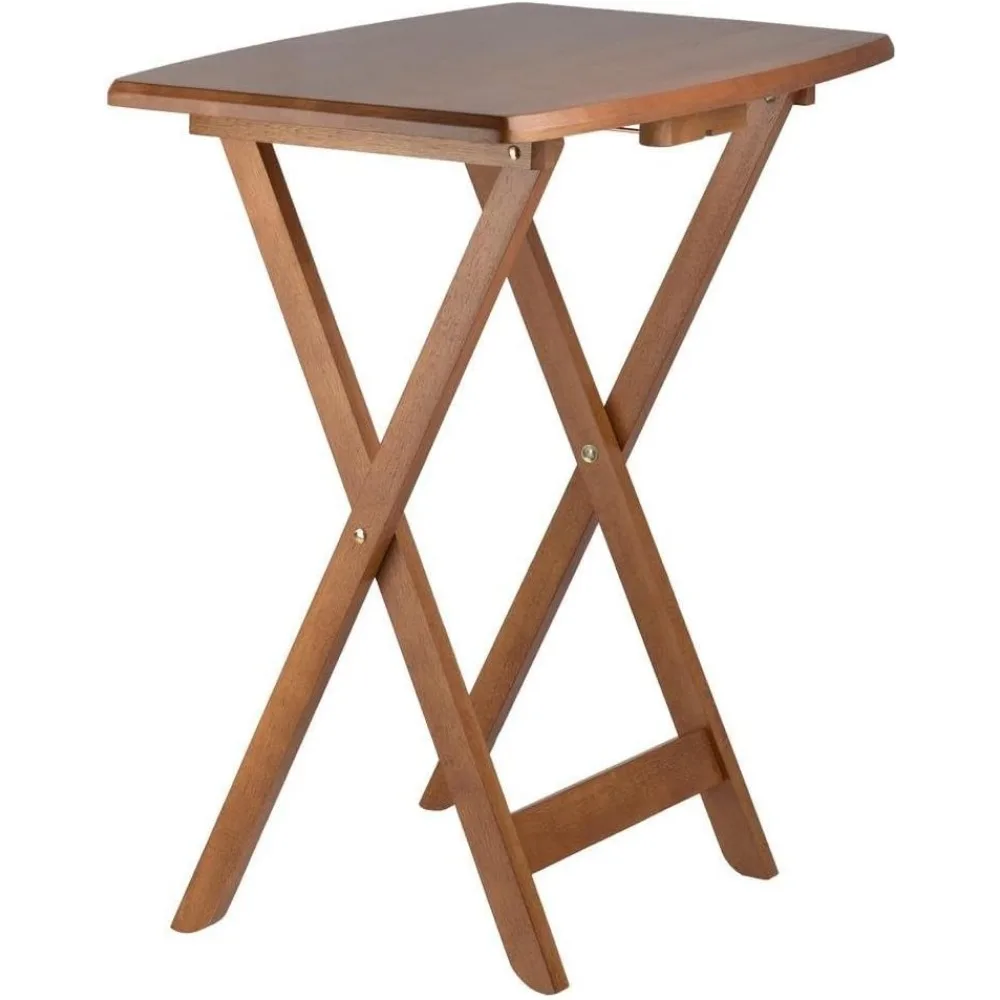 مجموعة طاولات وجبات خفيفة كبيرة من خشب الساج مكونة من 4 قطع مع حامل - طاولات خشبية متينة لتناول الطعام والعمل والترفيه