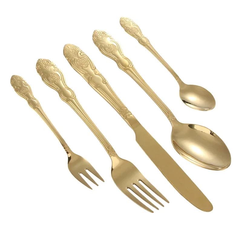 4/5pcs Cutlery Set Gold Stainless Steel Western Royal Dinnerware Silverware Tea Forks Spoon Knives Kitchen Dinner Tableware Gift