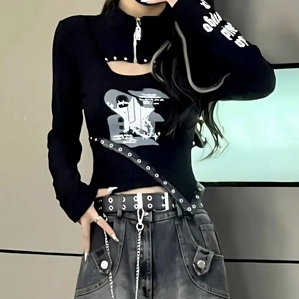 

Letter Printed Collar Zipper Hollow Design American Retro Long-Sleeved T-Shirt Women'S Spring Autumn Slim Versatile Top