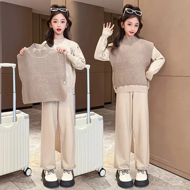 2024 Korea Spring Autumn Junior Girl Three-piece Set Teenager Girl Sweater Vest+ Sweatshirt+Wide-leg Pants Trusers Kid Girl Suit