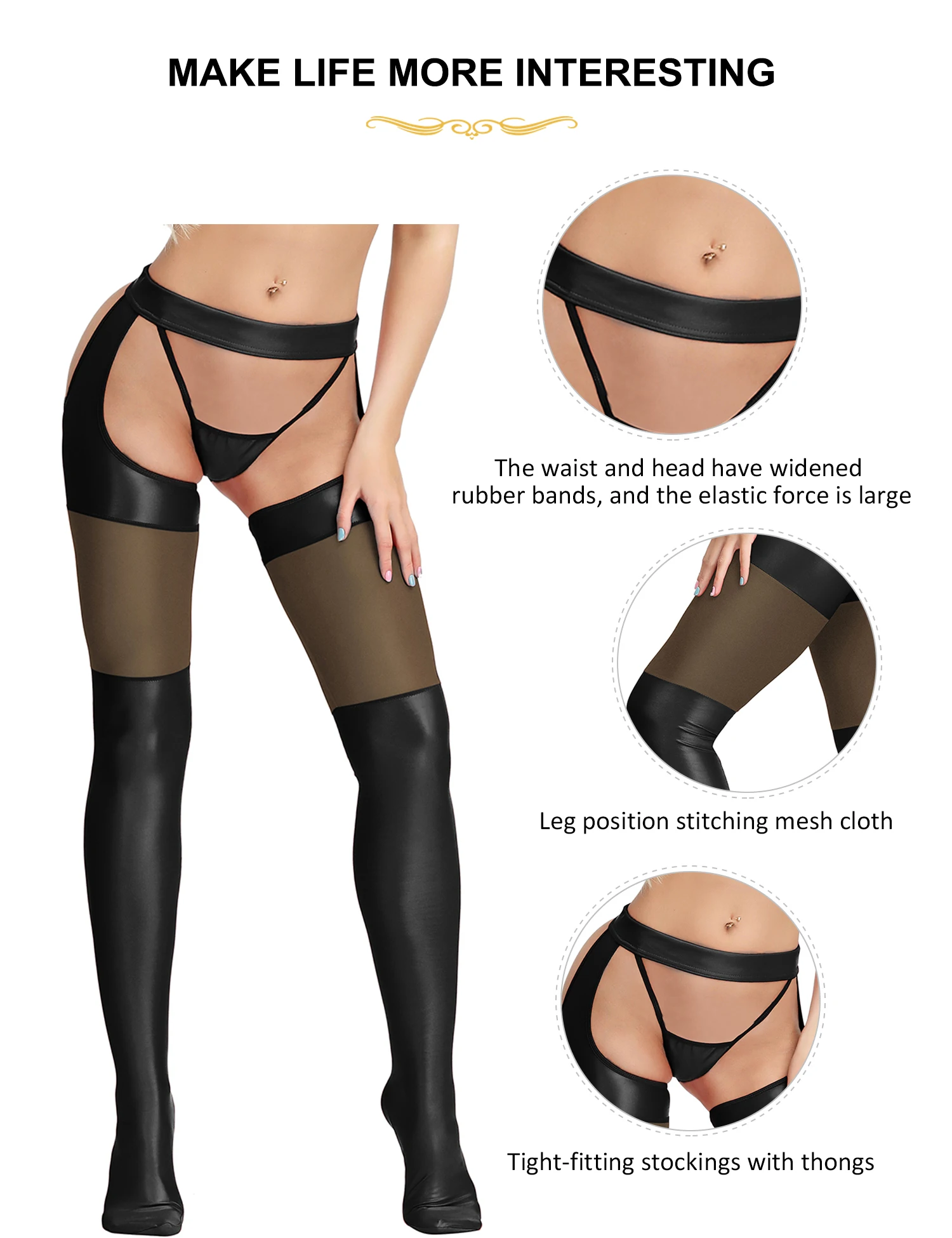 Comeondear Women\'s Sexy Faux Leather Pantyhose Night Club Tights Stretchy Legging Mesh High Thigh Hot Black Stockings for Female