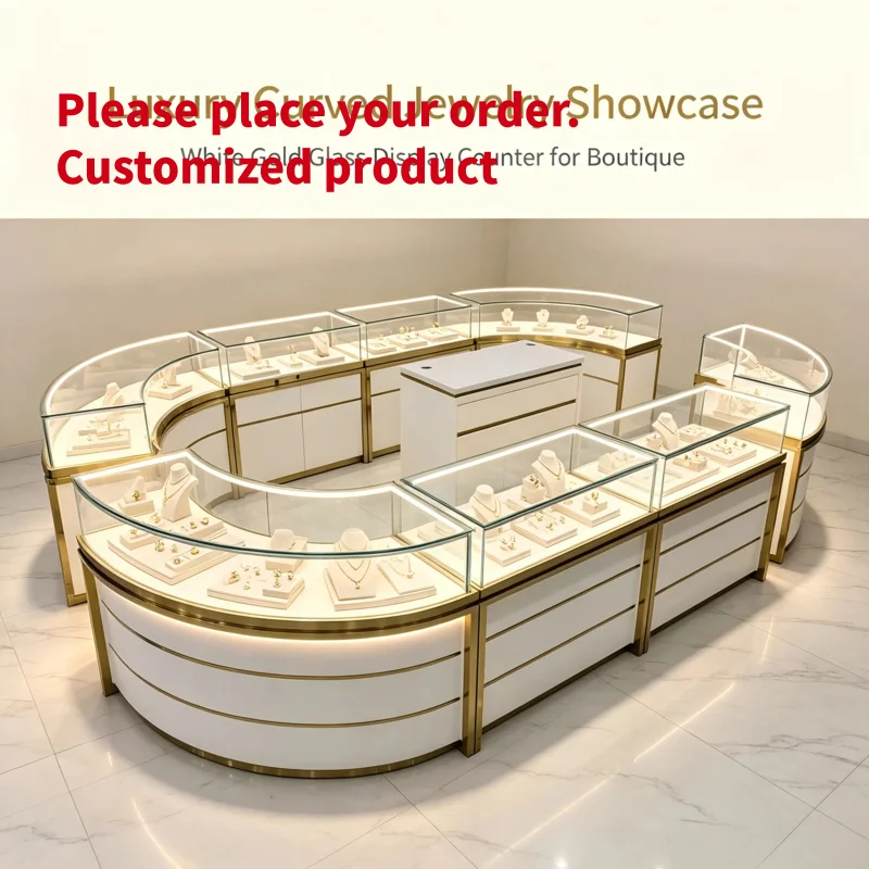 custom.White Gold U-curved LED Glass Jewelry Island Showcase Set Commercial Boutique Retail Display Counter