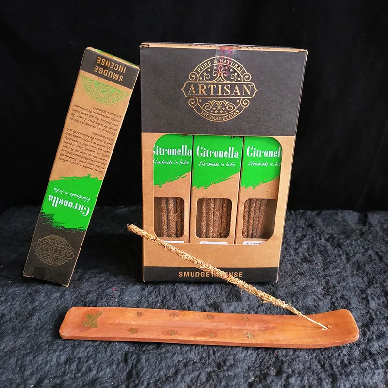 1 caja (10 palos) palitos de incienso indio Natural hecho a mano difuminado citrella frotar fragancia a mano incienso Bodh Gaya