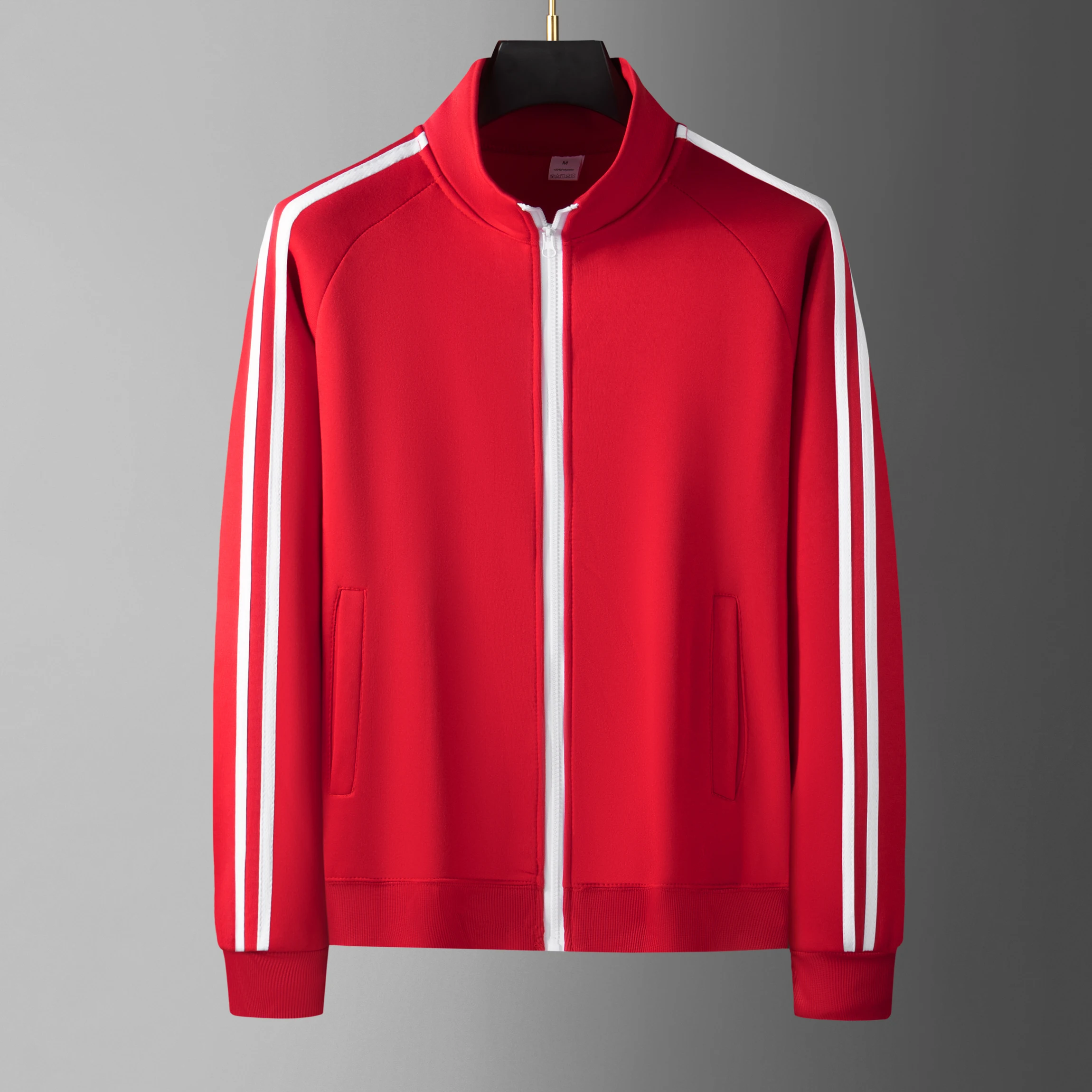 Herren Freizeit-Sportjacke mit Stehkragen, durchgehendem Reißverschluss, 3 weißen Streifen, langen Ärmeln, Sportbekleidung für Männer, Fitness-Training, Alltags-Oberbekleidung – Detail 5