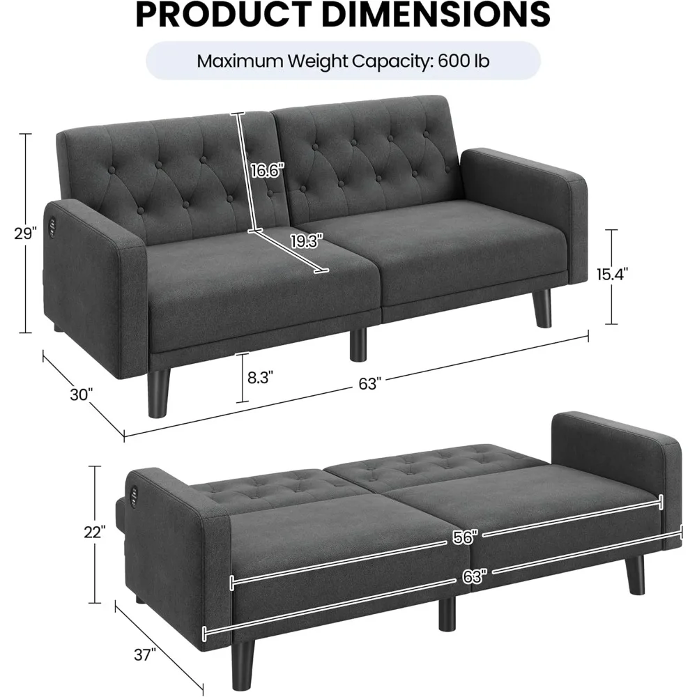63 أريكة سرير فوتون صغيرة قابلة للتحويل مع منفذي USB ومسند ظهر قابل للاستلقاء ومساند للذراعين قابلة للإزالة، حديثة في منتصف القرن #3