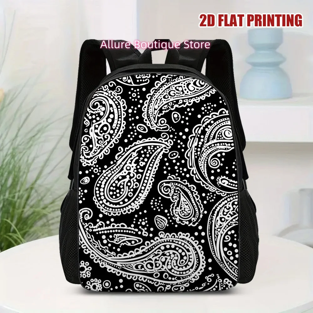 1pc Black Backpack with Paisley Print - Lightweight Suitable for, &, Casual Daypack for College, Travel, Commute - Stylish Zippe