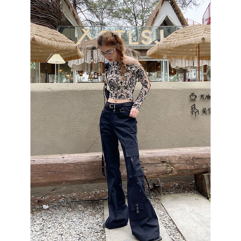 Women's Black Gothic Cargo Flare Pants Baggy Vintage Harajuku Y2k