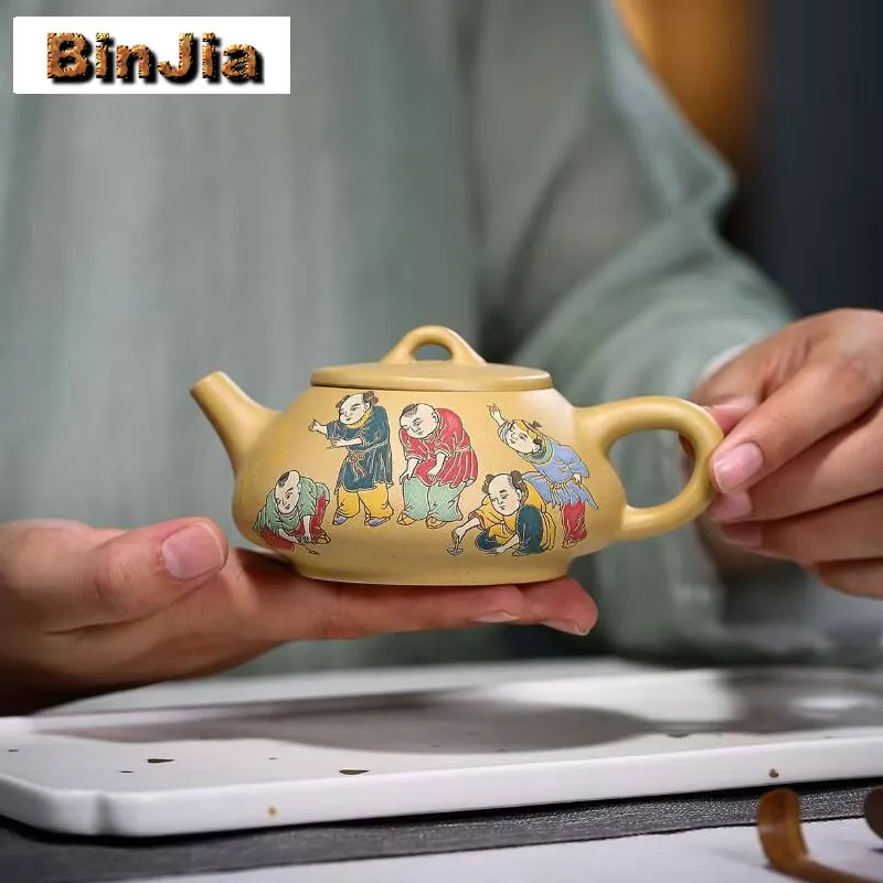 200Ml Yixing Purple Clay Teapots Handmade Colored Drawing Stone Scoop Pot Raw Ore Gold Section Mud Kettle Strainer Zisha Tea Set