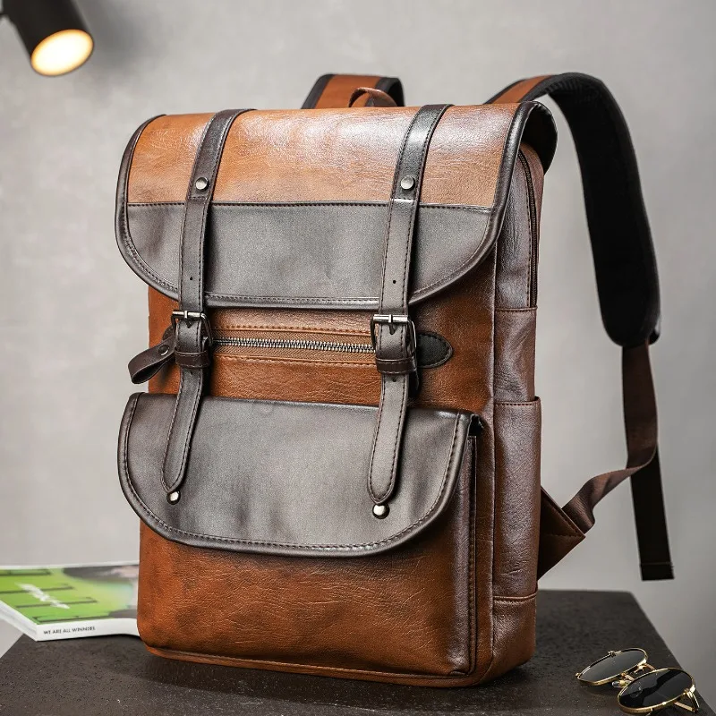 Vintage Men's Backpack Fashion Flap Buckle Backpacks For Men Luxury PU Leather Travel Backpack Large Capacity 14 Inch Laptop Bag