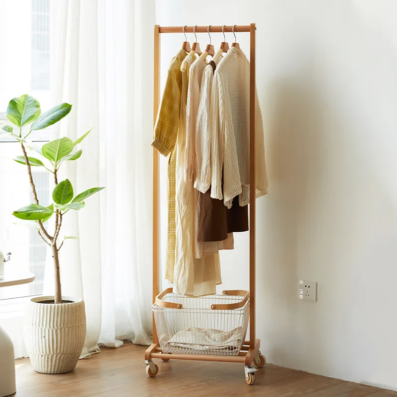 Solid wood coat rack floor-to-ceiling household bedroom hanger indoor room simple removable dirty clothes basket drying rack