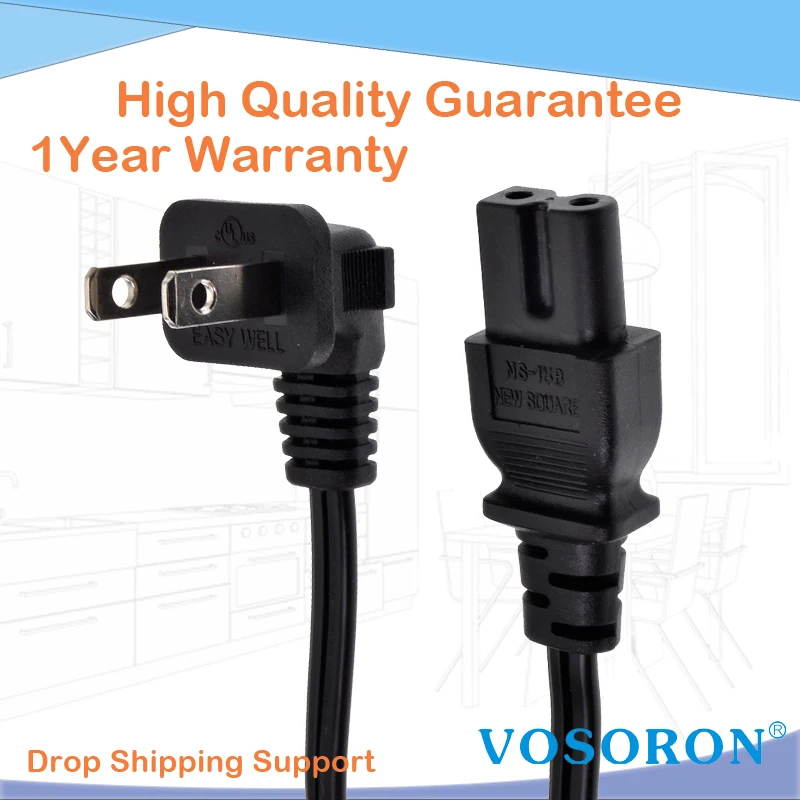 2 Prong 90 Degree Angled 18AWG Power Cord-NEMA 1-15P to IEC320 C7 Figure 8 Connector Non-Polarized Power Supply Cable Wire Plug