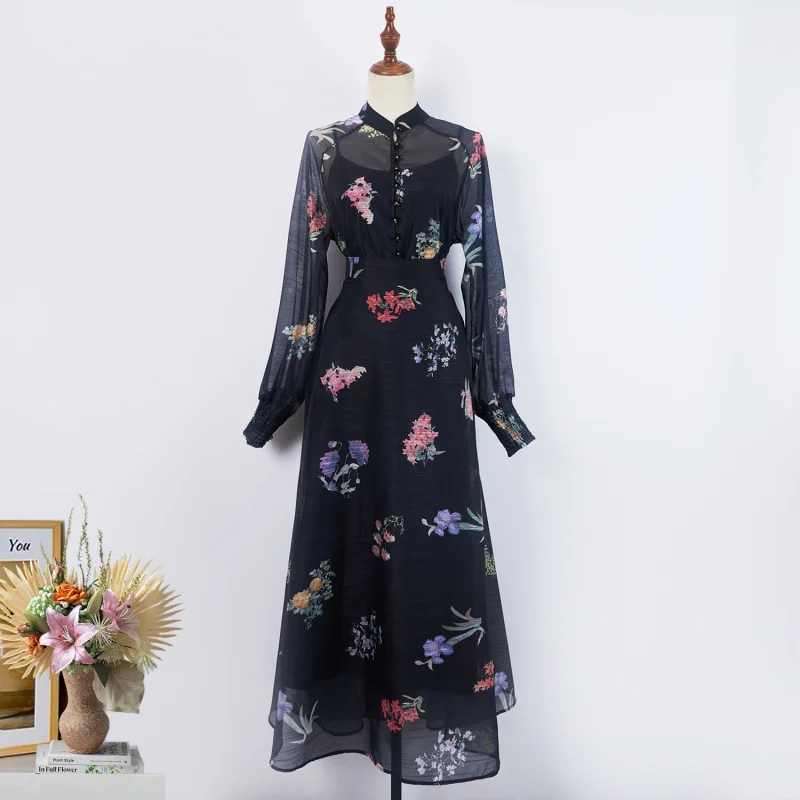 Real Shot In Stock Heavy Design Feel Stand Collar Single-Breasted Floral Top Sleeve Shirt + Half Skirt Three-Piece