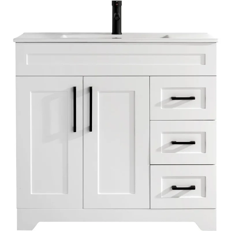 Bathroom Vanity with Sink Top,2 Soft Closing Doors & 3 Full Extension Drawers with Matte Black Faucet