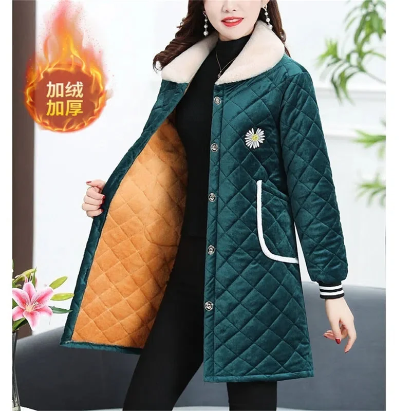 

Corduroy Padded Jacket Middle-Aged And Elderly Mother's Fleece Coat Loose Mid-Length Quilted Coat Women Autumn Winter Coat