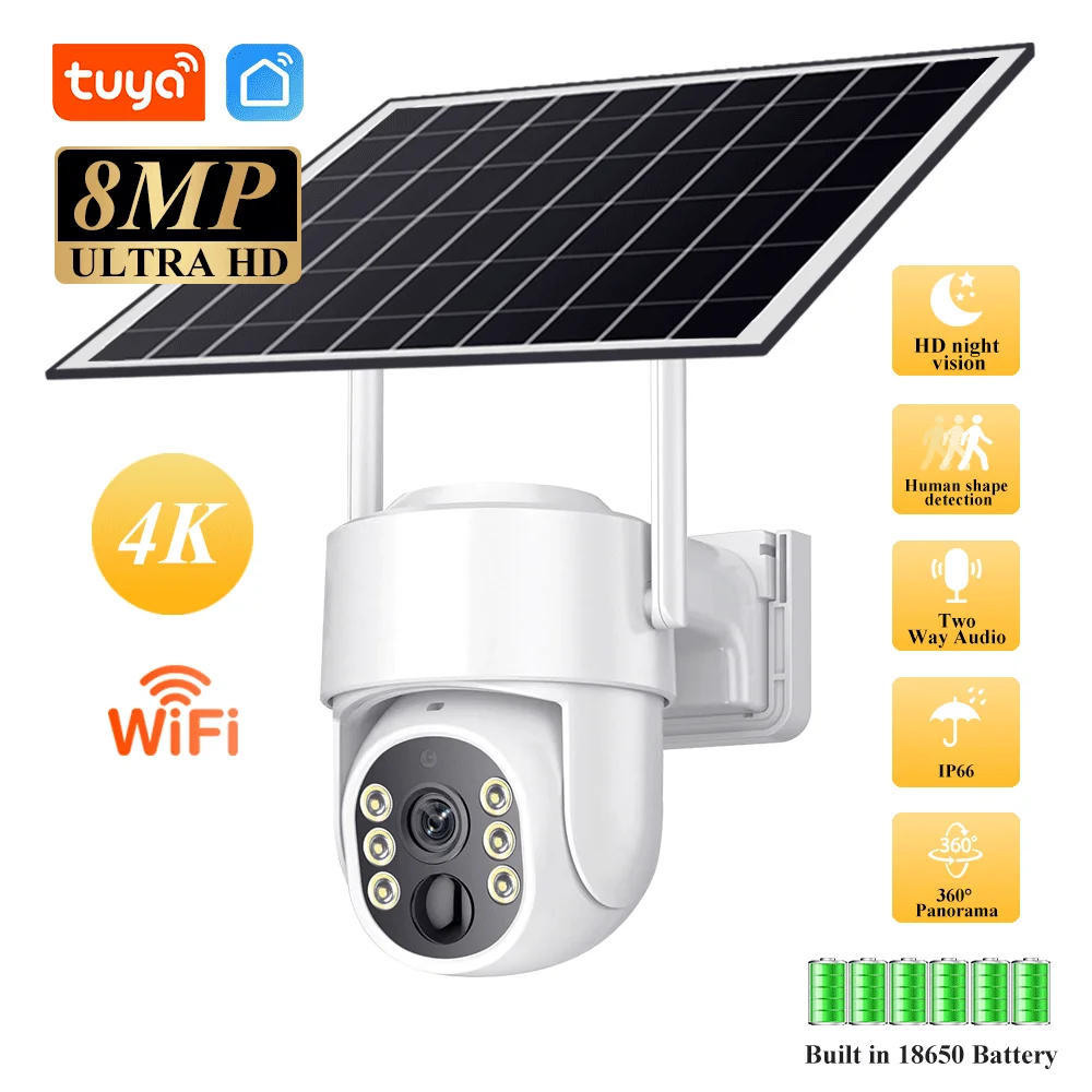 Tuya 4K 8MP Camera Solar PIR Human Detection Night Vision Waterproof Security Video IP 360° Rotation Camara Battery CCTV Monitor