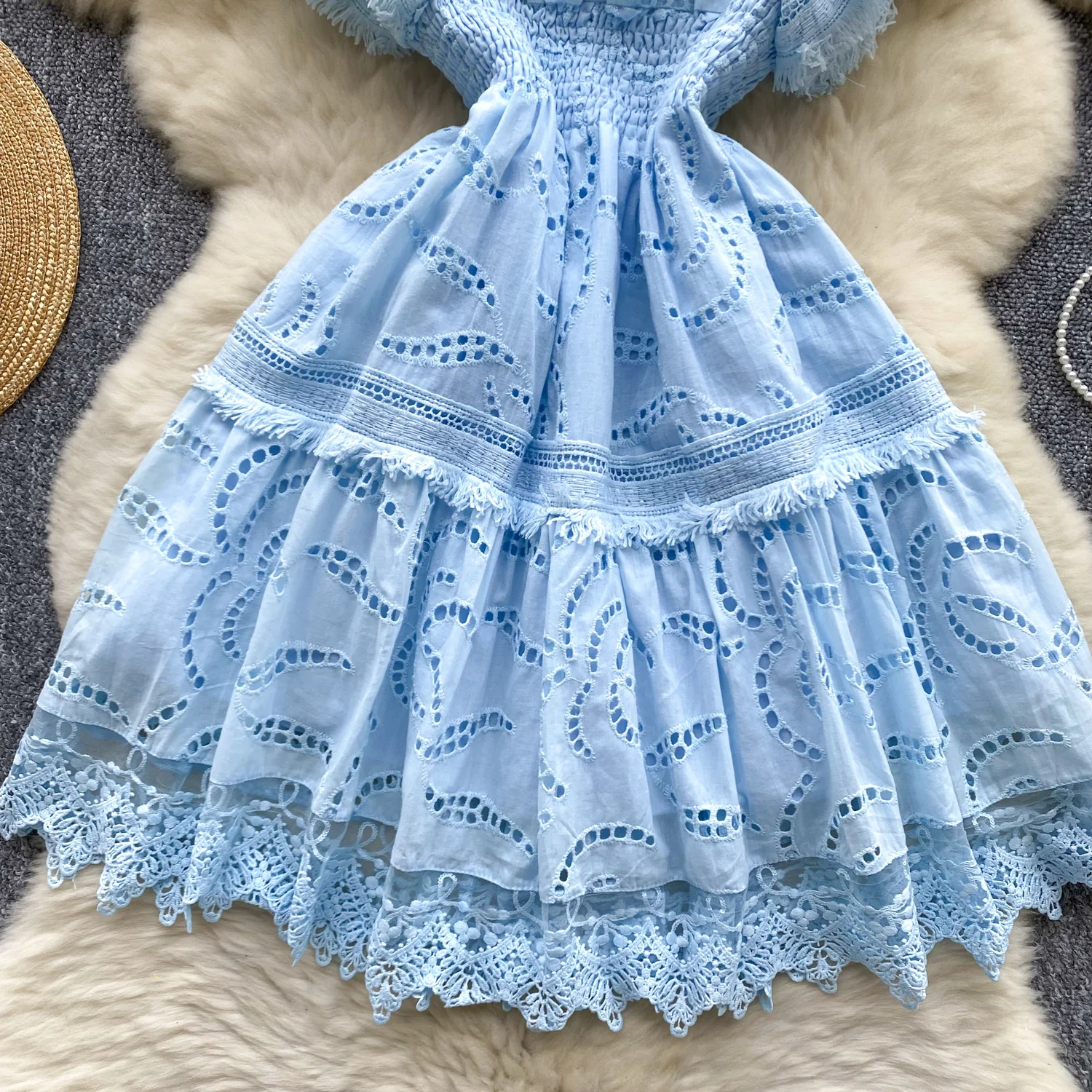 Clothland Women Stylish Lace Mini Dress Hollow Out Square Collar Tassel Elastic Waist One Piece Chic Dresses Vestido QD786