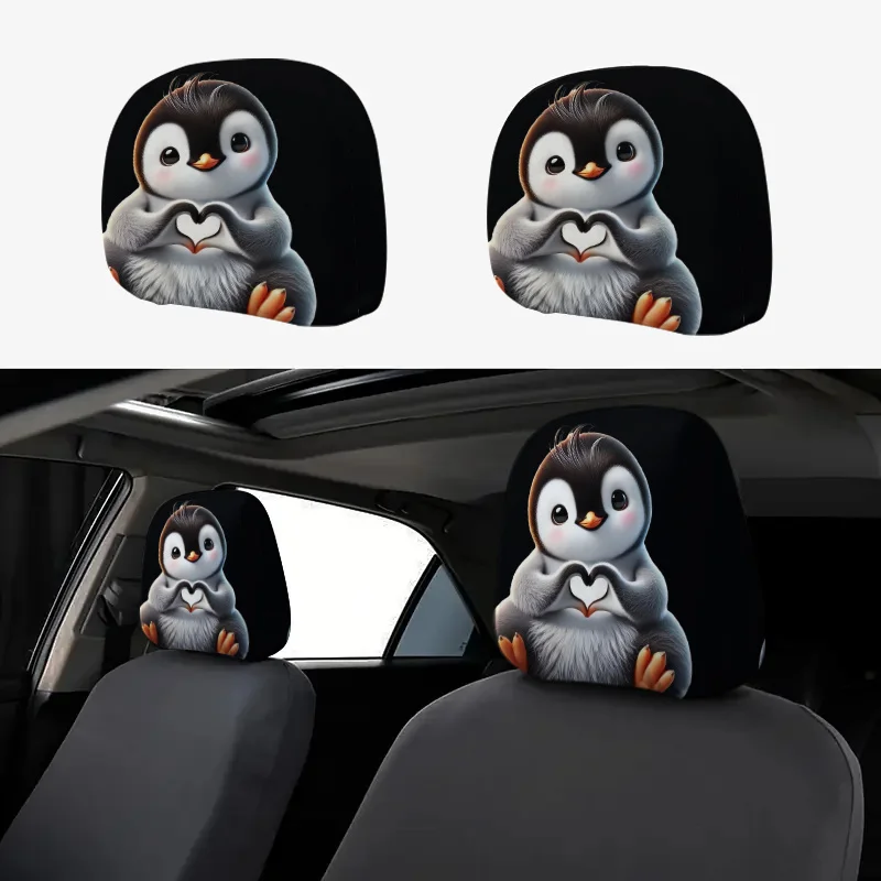 

Universal 2D Flat Penguin Heart Printed Car Headrest Cover 2Pcs Cute All Season Auto Seat Head Protector Fashion Car Interior