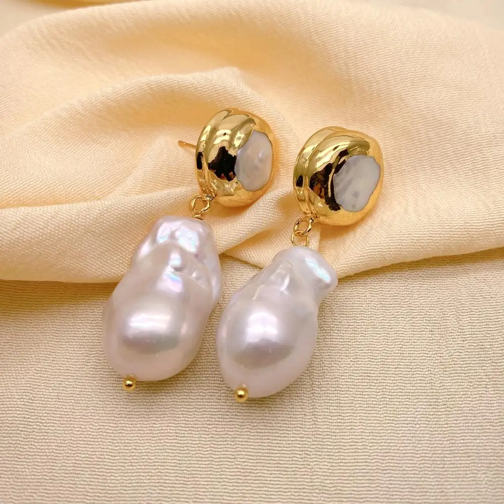 

White Baroque Pearl Dangle Stud Earrings Women Jewelry Wedding Gift