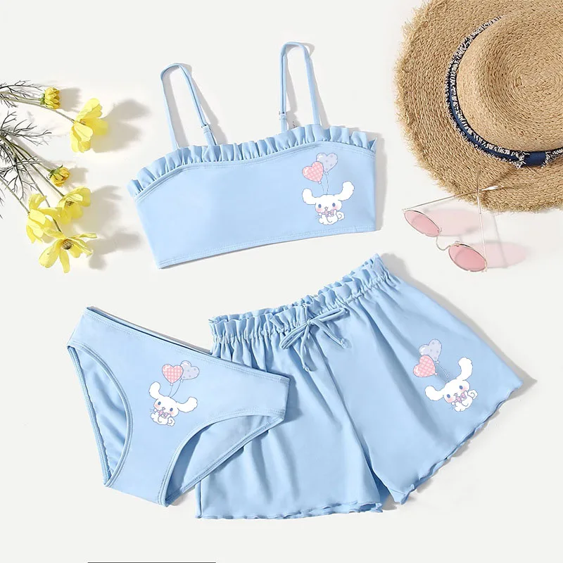 3Pcs Children's Cinnamoroll Swimsuit Set Kawaii Anime Kuromi Girls Cartoon Vest Underpants Shorts Bikini Beach Clothes Quick Dry