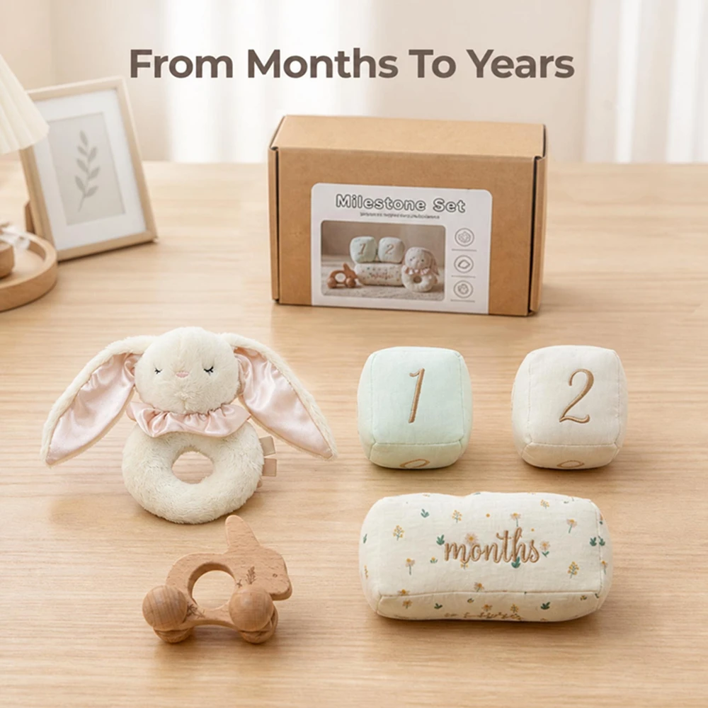 Soft Bunny Rattle Fabric Number Blocks Wrist Rattle 0-12M Baby Newborn Milestones Growth Photography Props Gifts