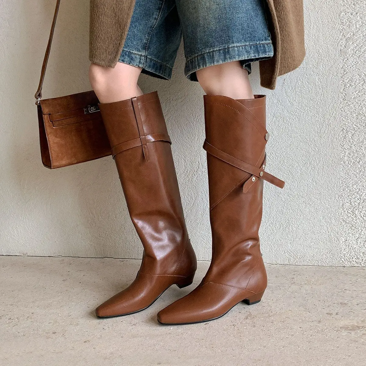 Autumn black cowhide Skinny boots Square toe slip-on Low heel Knee high boots Large rivet Women's Boots