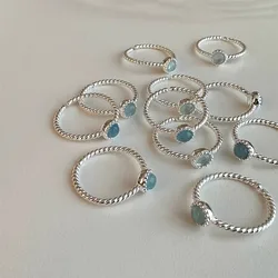 S925 Sterling Silver Ice Cracked Natural Aquamarine Ring Women's Small Fresh Twist Kink Open Ring Ocean Series