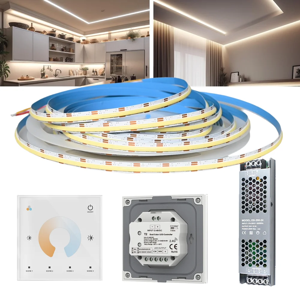 24V COB CCT Led Strip 5M 10M 20M Wall Mounted Touch Controller Dual White Flexible Room Light Decor 2700-6500K Linear Tape Lamp