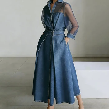 Women's Denim Mesh Patchwork Midi Dress Lapel Collar Button Sheer Long Sleeve Pocket Chic Female Elegant Streetwear Long Dresses 2 Women's Denim Mesh Patchwork Midi Dress Lapel Collar Button Sheer Long Sleeve Pocket Chic Female Elegant Streetwear Long Dresses 2