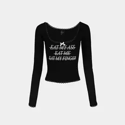 Black Sexy Slim Fit T Shirts for Women Letter Long Sleeve Crop Top Y2k Holiday Party Female T-Shirts Crew Neck Street Skinny Tee