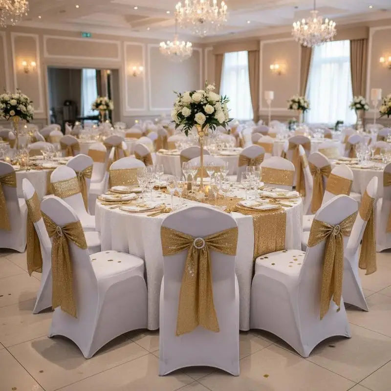 

Elastic Chair Slipcovers 30 Set For Wedding Holiday Banquet, Universal Fitted Seat Wraps Chair Sashes Gold & White Removable Washable Fabric 17.7x17.7x38.6 Inches