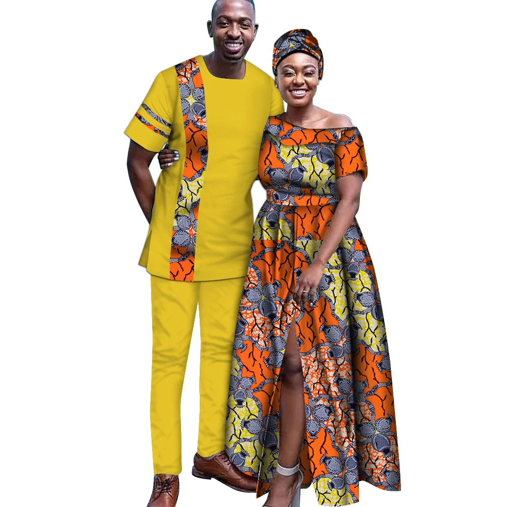 

African Couple Clothes Women Short Sleeve Dress Men Tops and Pants Set Traditional Party Wedding Lovers Clothing Wyq907