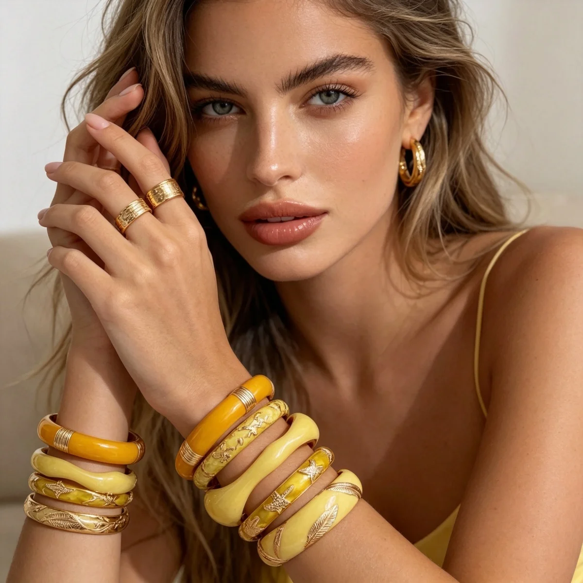 Modische Gelbe Emaille-Manschettenarmbänder für Damen und Herren, Retro-Stil mit Ast-, Wellen-, Stern-, Blatt-, Blumen- und Bambus-Motiven, Armschmuck – Detail 19