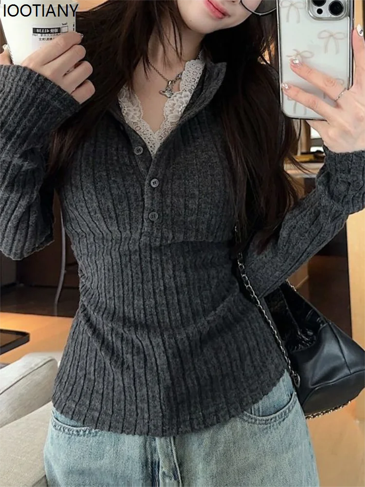 เสื้อยืดแขนยาวผู้หญิง แต่งผ้าลูกไม้ ดีไซน์เก๋ไก๋ สไตล์วินเทจ คอวี ทรงเข้ารูป ผ้าถัก รุ่นปี 2026