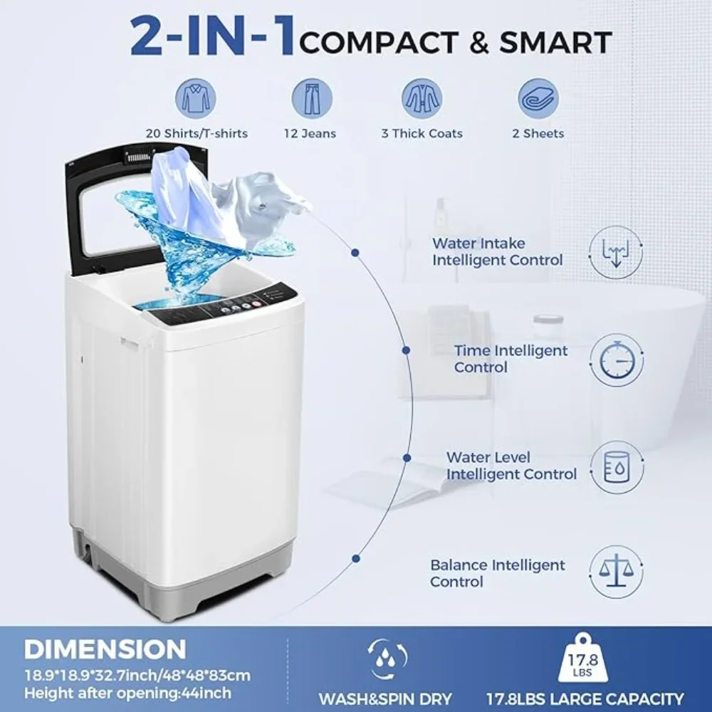 Washing Machine with Glass Top Lid, 17.8Lbs Capacity 2.4Cu.ft Washer and Dryer Combo, LED Display, Fully Automatic Wash Machine