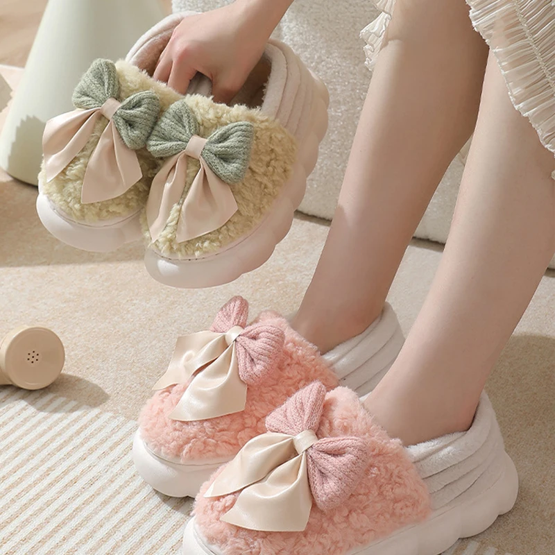 Winter Women Cute Bow Cotton Slippers Non Slip And Warm Soft Soled Home Slippers Multi Colored Home Bag Heel Plush Slippers