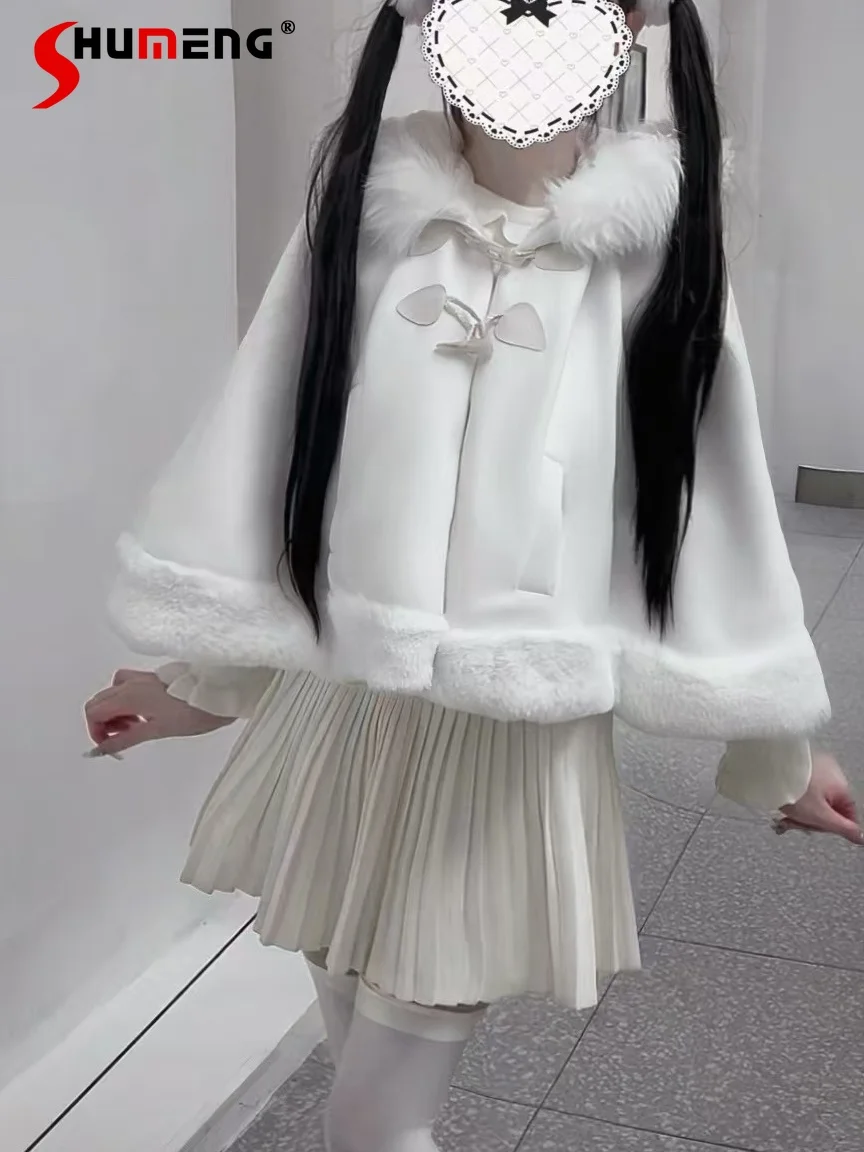 اليابانية الحلو Kawaii فتاة سميكة الدافئة تنوعا لوليتا معطف الرأس الأبيض مقنعين أفخم كيب عباءة للنساء الشتاء سترات قصيرة #1