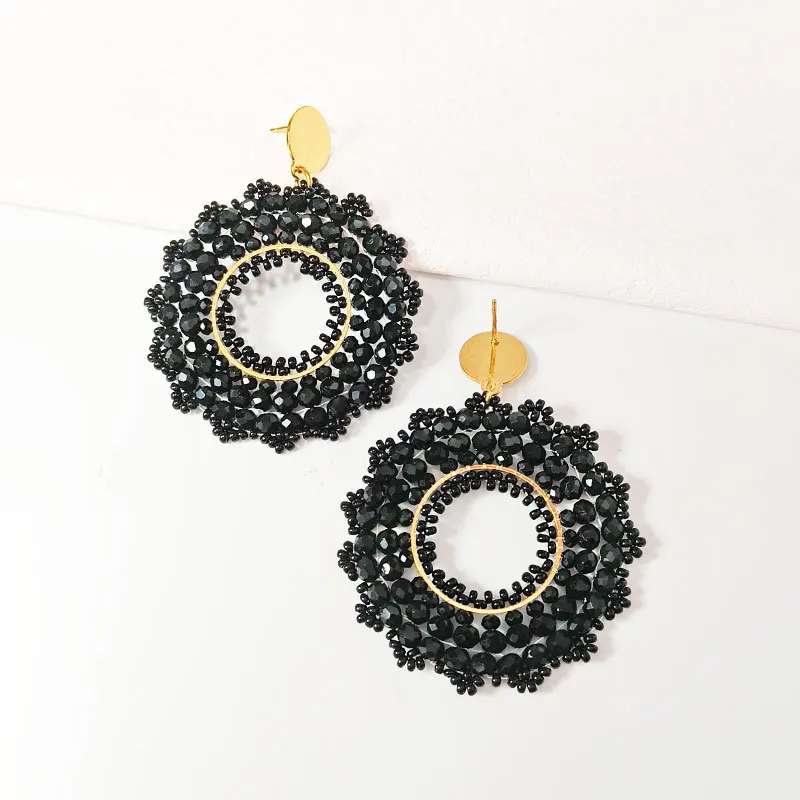 Beaded earrings Roundness Black. Hollow out Crystal Sunflower Originality Hand knitting Bohemia Tide Simple Rice bead earrings