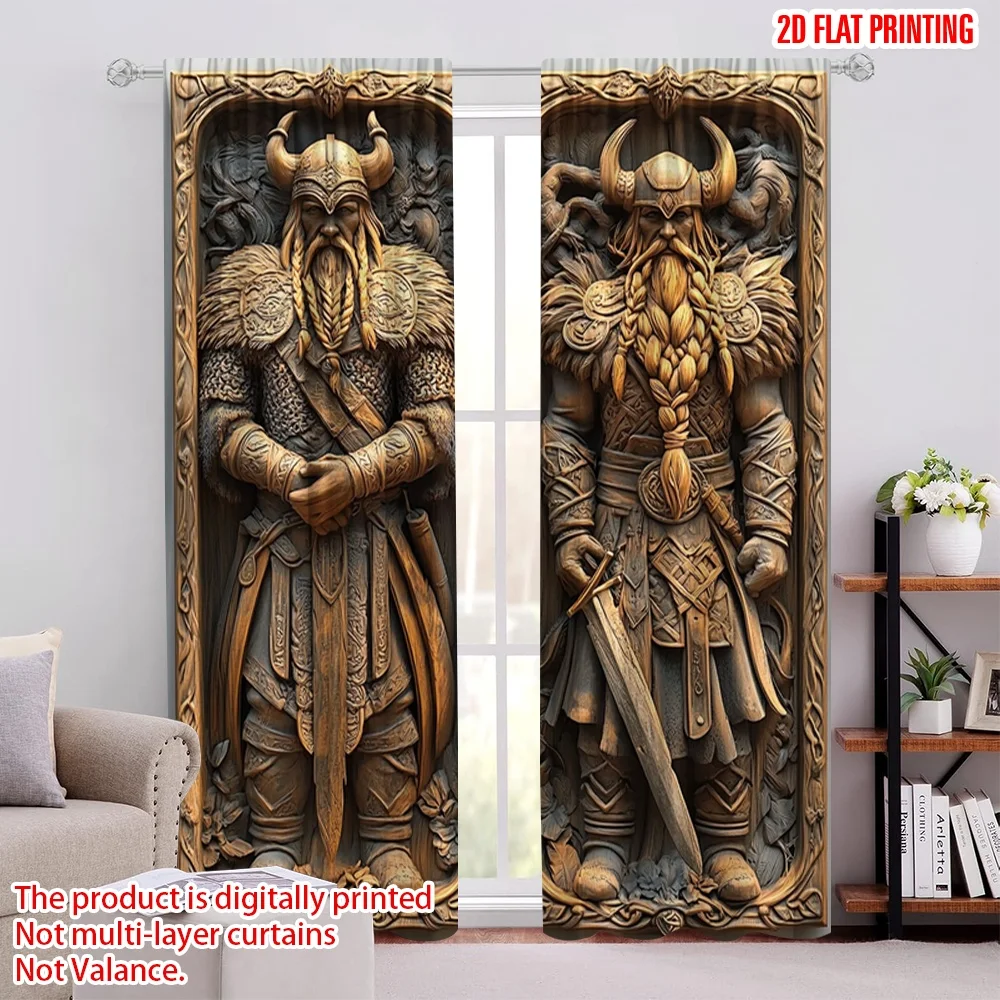

2pcs 2D flat printing Curtains Vikings Pattern Versatile Polyester,Without Electricity Spring Party & Holiday Decor Suitable for