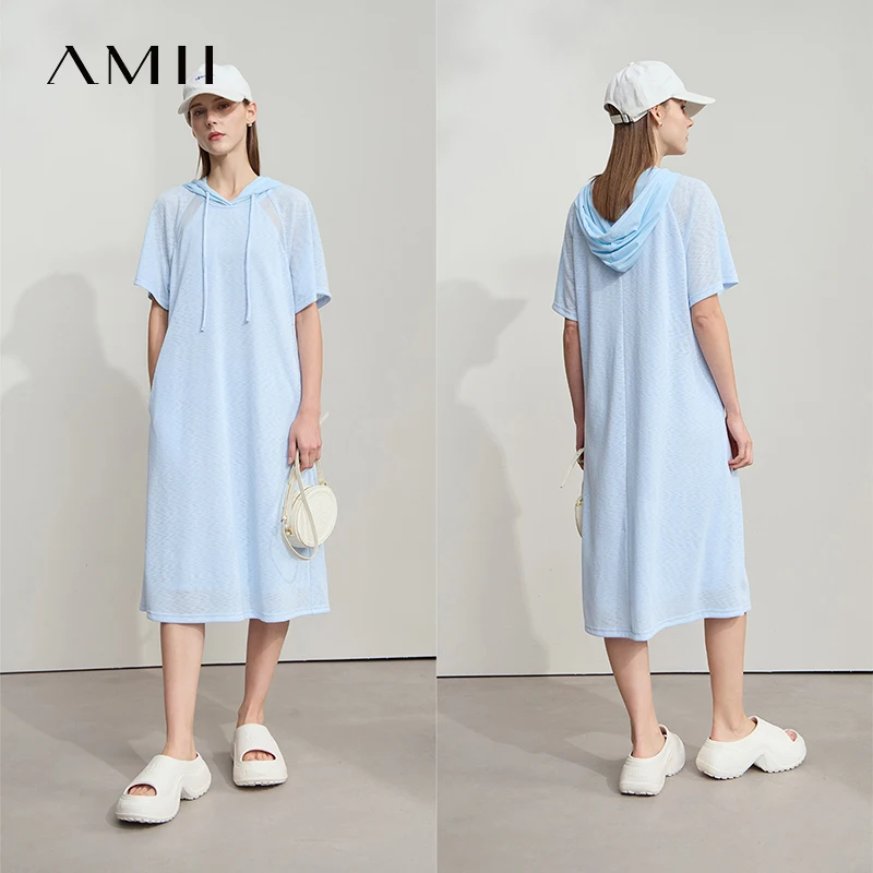 Amii Minimalismus Kleider Frauen 2025, Sommer, neue Bürodame, einfarbig, Mesh-Kapuze, lässig, locker, leicht, bequem, Strickkleider 12542194