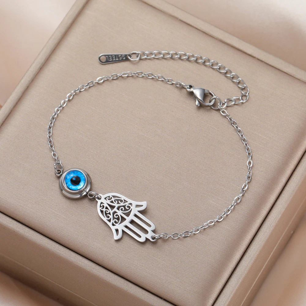 Dawapara Hamsa Böser Blick Armband Hand der Fatima Schutz-Talisman Glücksbringer Edelstahl-Schmuck – Detail 6