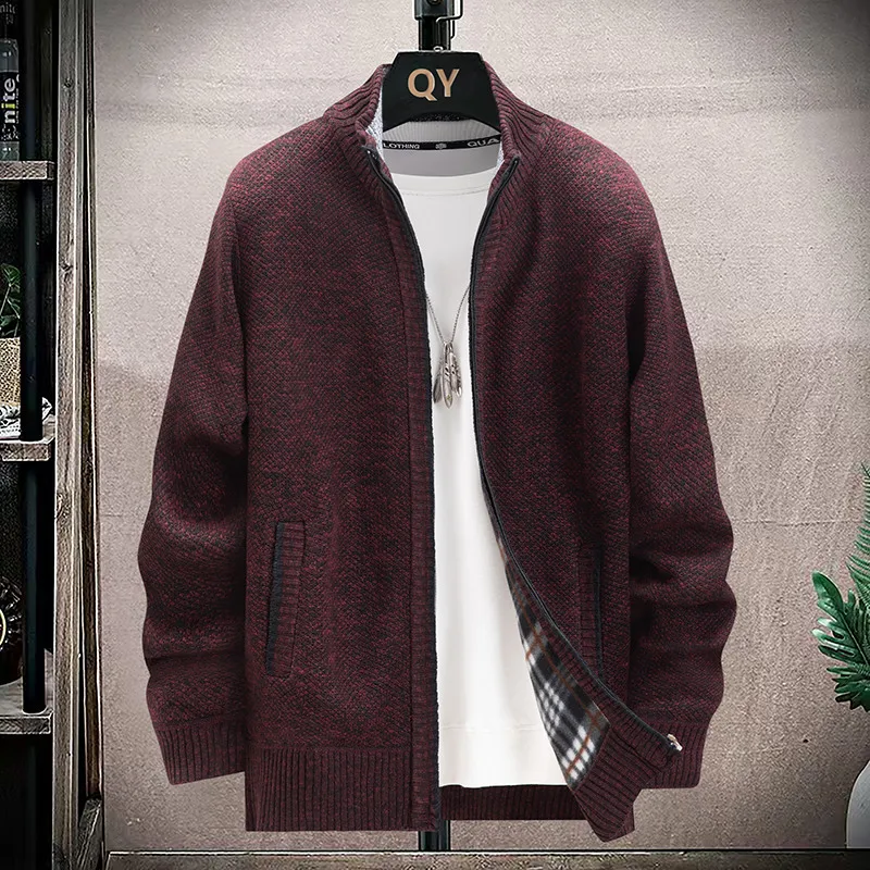 

Men's Fleece-Lined Stand Collar Knit Sweater with Zipper Front Casual Thickened Warm Knit Cardigan Jacket