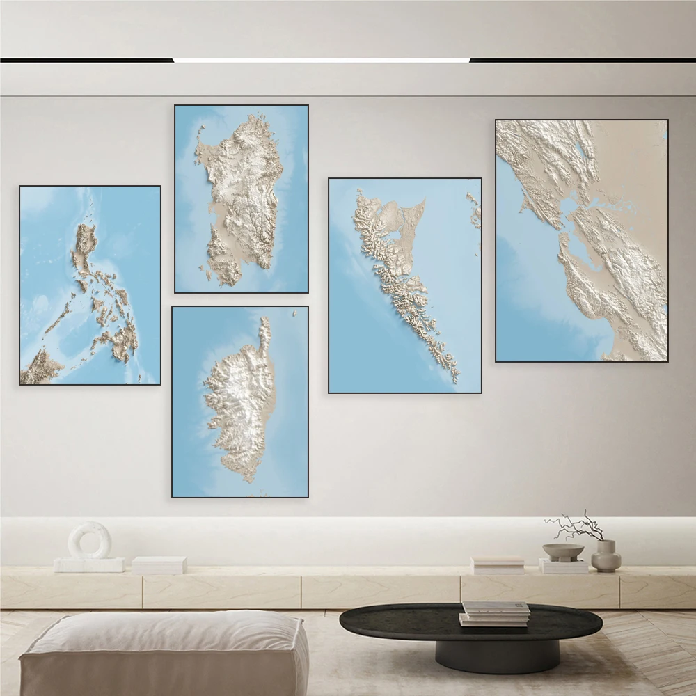 Shaded relief map poster of Balearic Islands, French Corsica, British Columbia, Cyprus, Greece, Sardinia, islands and coasts