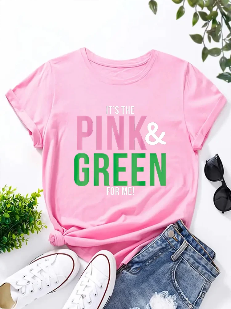 2024 New It's The Pink and Green For Me Letter Printed T-shirt Round Neck Casual Comfortable Women's Top