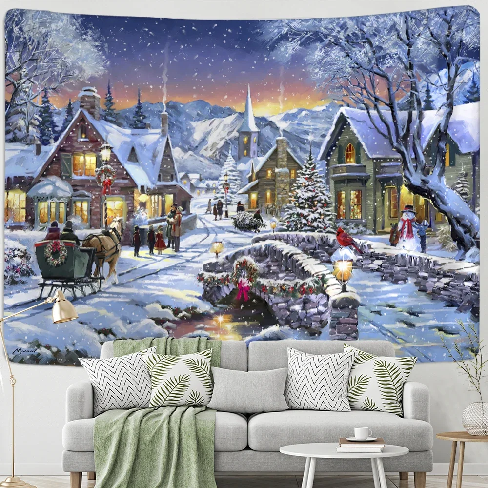 Christmas Woods Snow Scene Tapestry Wall Hanging New Year Gift Elk Bohemian Style Bed Curtain Dormitory Home Decor