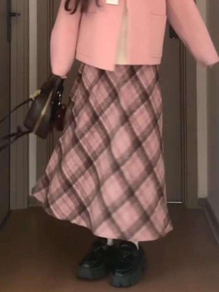 New Pink Autumn Winter Vintage Stripe Skirt Women High Waist A Line Mid Skirt Harajuku Female Sweet Chic Korean Popular Clothes