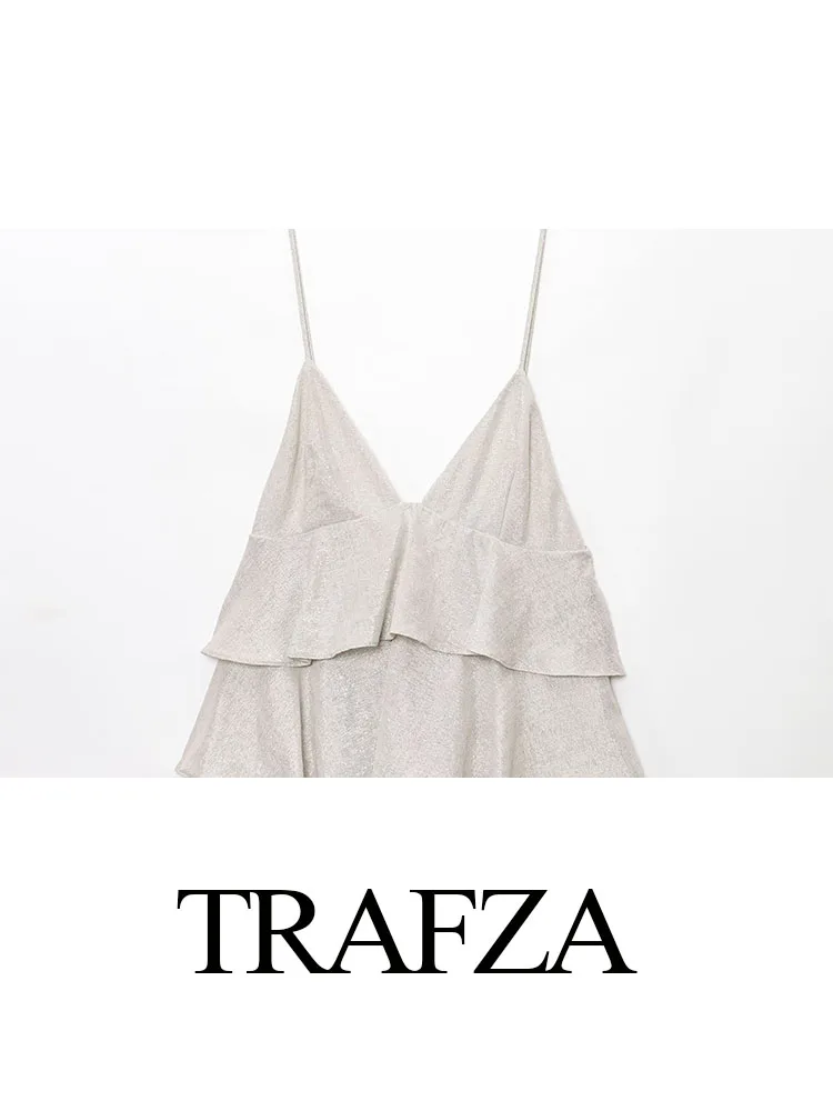 HH Women's Summer Solid V-Neck Slim Layered Decoration Mini Dress Female Temperament Sexy Backless Zipper Sleeveless Dress