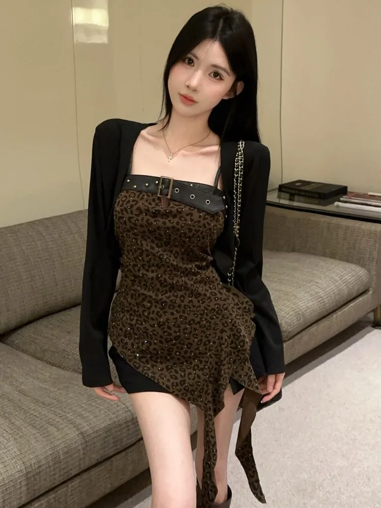 

Slimming Short Leopard Print Tank Top Long Sleeve Inner Wear with Cardigan Set Korean Style Commute Casual Spring Fashion