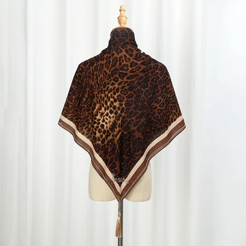 New Leopard Print Square Scarf With Diamonds Muslim Hijab Silk Scarves Women Fashion Designer Headscarf Foulard Shawl Kerchief